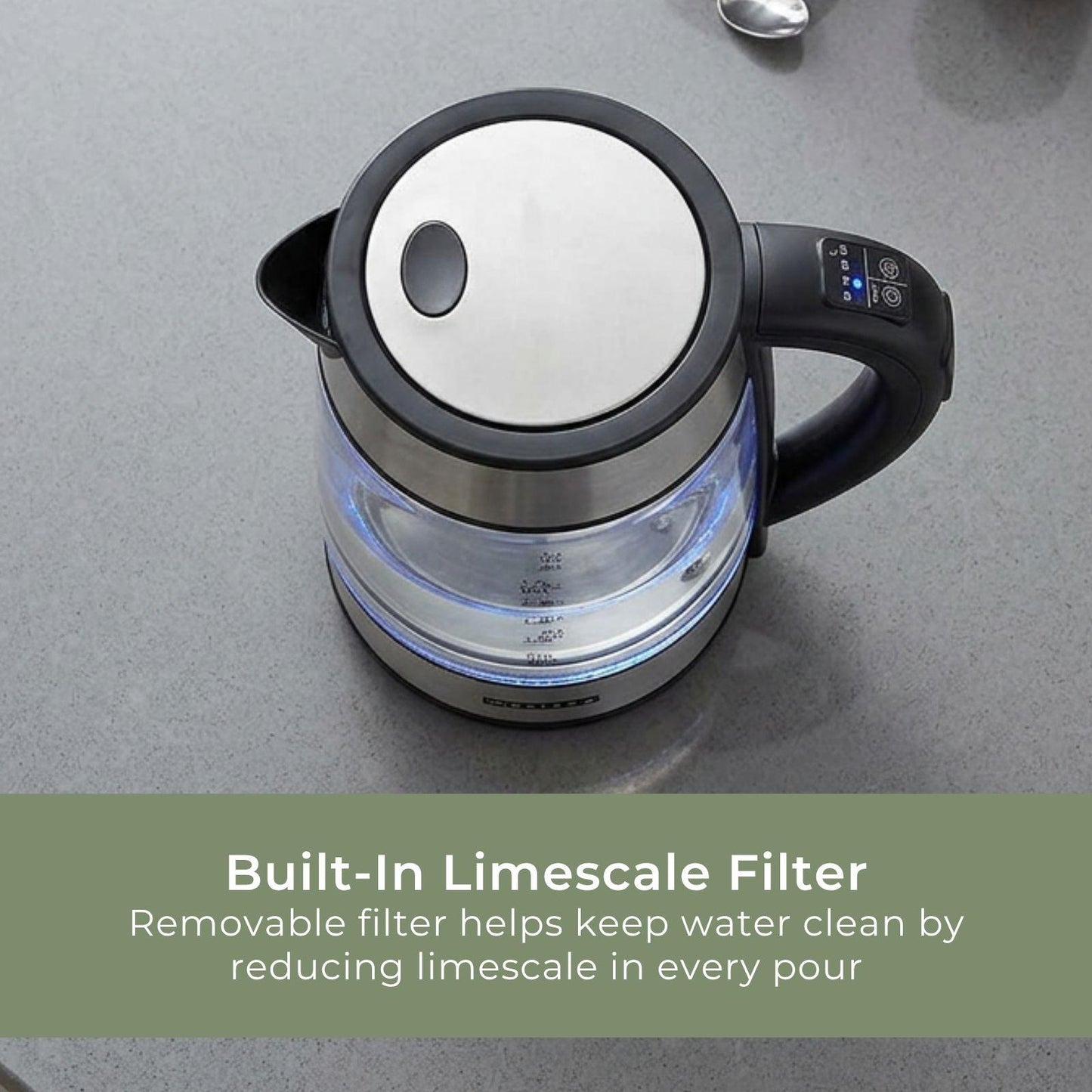 MELISSA Digital Electric Kettle | 1.7 l | 2200 W | Glass | 50/70/80/90/100 °C Presets | 360° pirouette base | Concealed heating element | Strix® controller | Keep-warm function | Boil-dry protection