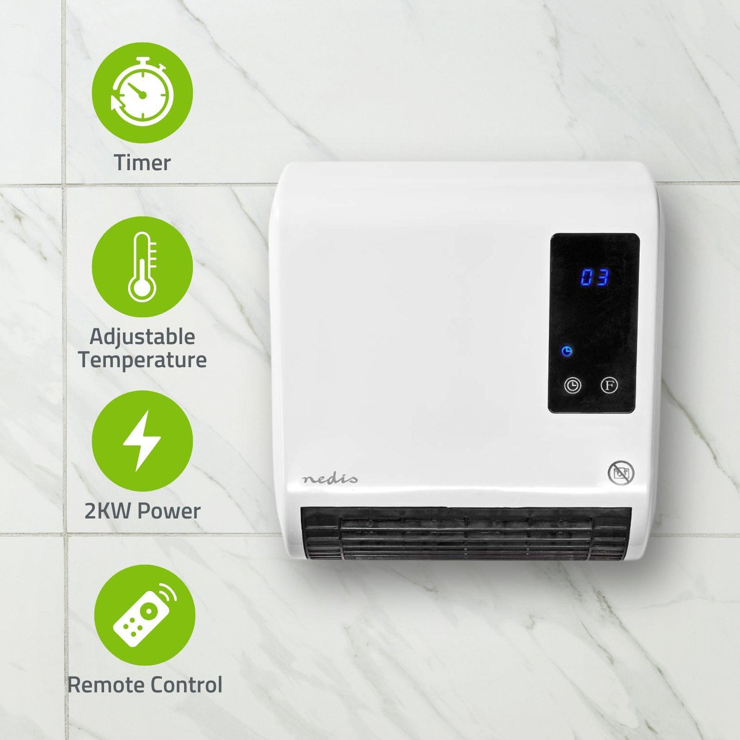 Nedis Bathroom Heater | 2000 W | Adjustable thermostat | 2 Heat Modes | IP22 | Remote control | White