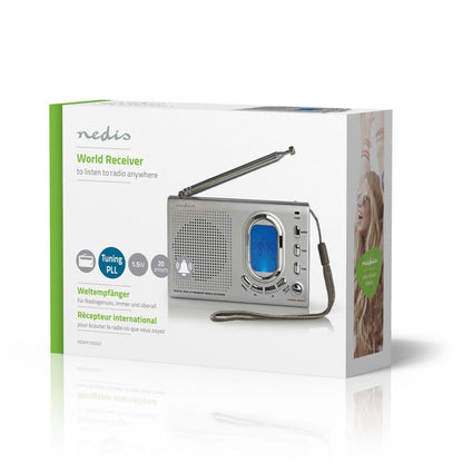Nedis World Receiver Radio | Portable Design | AM / FM / SW | Battery Powered / Mains Powered | Digital | 1.5 W | Headphone output | Alarm clock | Sleep timer | Grey