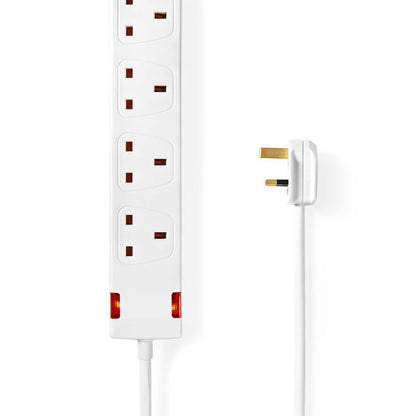 Nedis Extension Socket | Type G | 4-Way | 1.50 m | 3120 W | 13 A | Kind of grounding: UK Plug Earth pin | 230 V AC 50/60 Hz | Socket angle: 90 ° | H05VV-F 3G1.5mm² | White