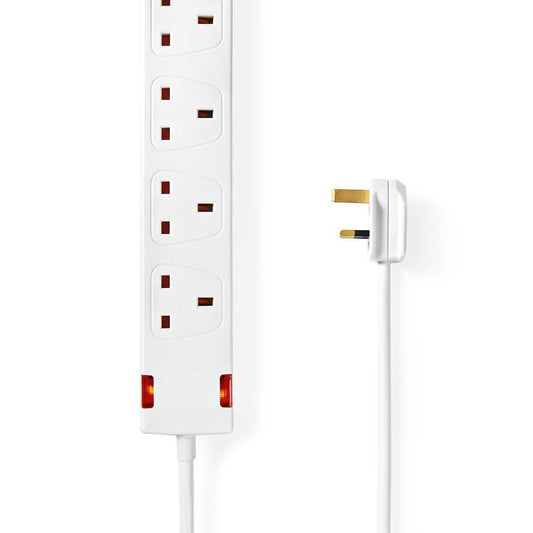 Nedis Extension Socket | Type G | 4-Way | 1.50 m | 3120 W | 13 A | Kind of grounding: UK Plug Earth pin | 230 V AC 50/60 Hz | Socket angle: 90 ° | H05VV-F 3G1.5mm² | White