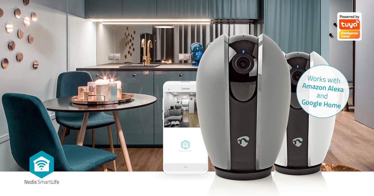 Nedis SmartLife Indoor Camera | Wi-Fi | Full HD 1080p | Pan tilt | Cloud Storage (optional) / microSD (not included) | With motion sensor | Night vision | Dark Grey / White