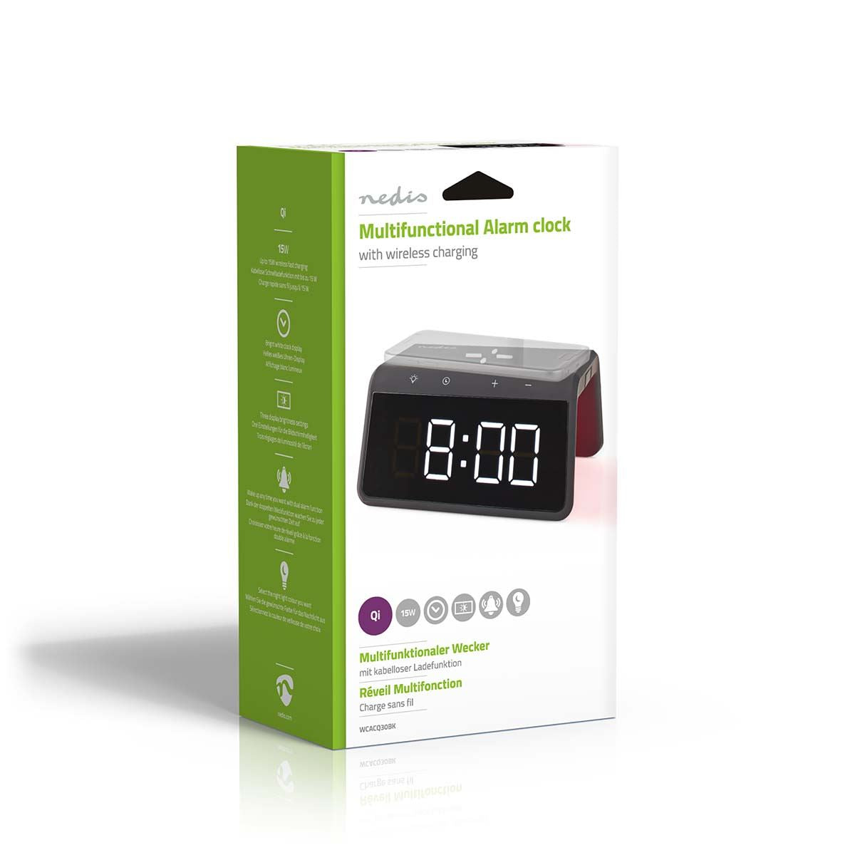 Nedis Alarm clock with wireless charging | Qi certified | 5 / 7.5 / 10 / 15 W | USB-A Male | Night Light | 2 Alarm Times | Snooze function