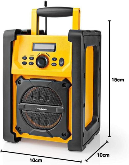 Nedis FM Radio | Jobsite Radio | FM | Battery Powered / Mains Powered | Digital | 15 W | Screen size: 2.2 " | Blue White Screen | IPX5 | Carrying handle | Black / Yellow