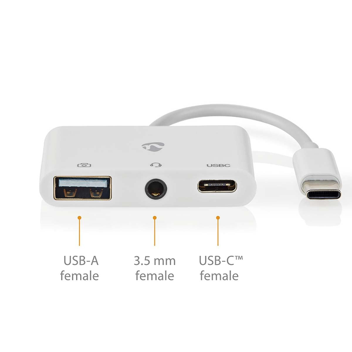 Nedis USB Multi-Port Adapter | USB 2.0 | USB-C™ Male | USB-A Female / USB-C™ Female / 3.5 mm Female | 480 Mbps | 0.10 m | Round | Nickel Plated | PVC | White | Box
