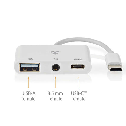 Nedis USB Multi-Port Adapter | USB 2.0 | USB-C™ Male | USB-A Female / USB-C™ Female / 3.5 mm Female | 480 Mbps | 0.10 m | Round | Nickel Plated | PVC | White | Box