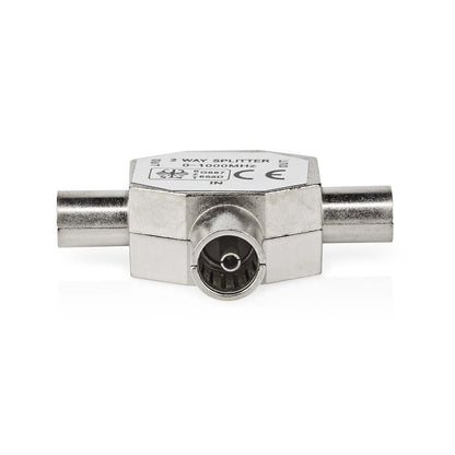 Nedis Satellite & Antenna Adapter | 2x Coax Male | IEC (Coax) Female | Nickel Plated | 75 Ohm | T-Splitter | Metal | Silver | 1 pcs | Box