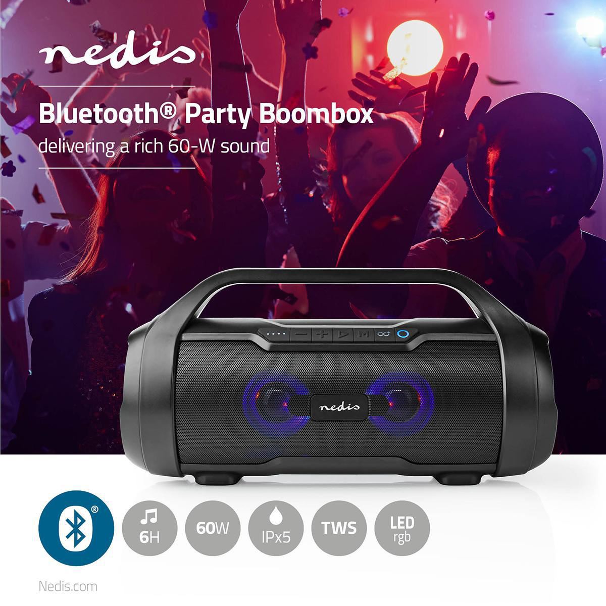 Nedis Bluetooth® Party Boombox | 6 hrs | 2.0 | 60 W | Media playback: AUX / Micro SD / USB | IPX5 | Linkable | Carrying handle | Party lights | Black