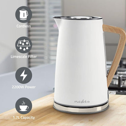 Nedis Electric Kettle | 1.7 l | Soft-Touch | White | Rotatable 360 degrees | Concealed heating element | Strix® controller | Boil-dry protection