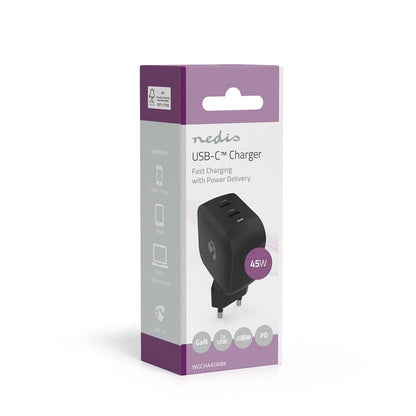 Nedis Wall Charger | 45 W | GaN | PD3.0 | Quick charge feature | 2.25 / 3.0 A | Number of outputs: 2 | 2x USB-C™ | Automatic Voltage Selection | Black