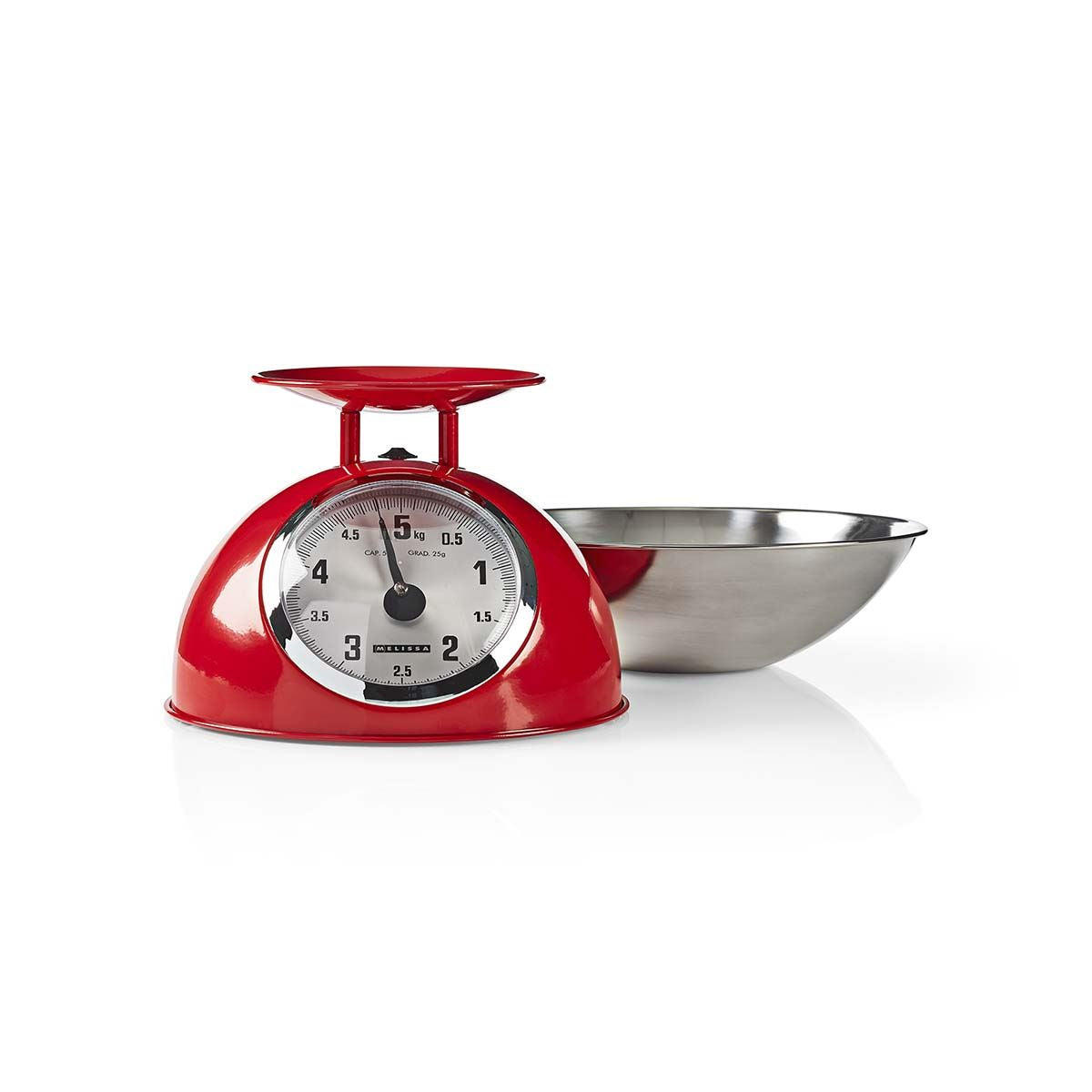 MELISSA Retro Kitchen Scale | Analog | Metal Housing | Removable bowl | Max. 5kg | 25-gram increments | Red