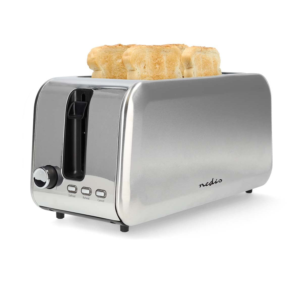 Nedis Toaster | 4 Bread Slices | 2 Long Slots | Browning levels: 7 | Defrost feature | Aluminium / Silver