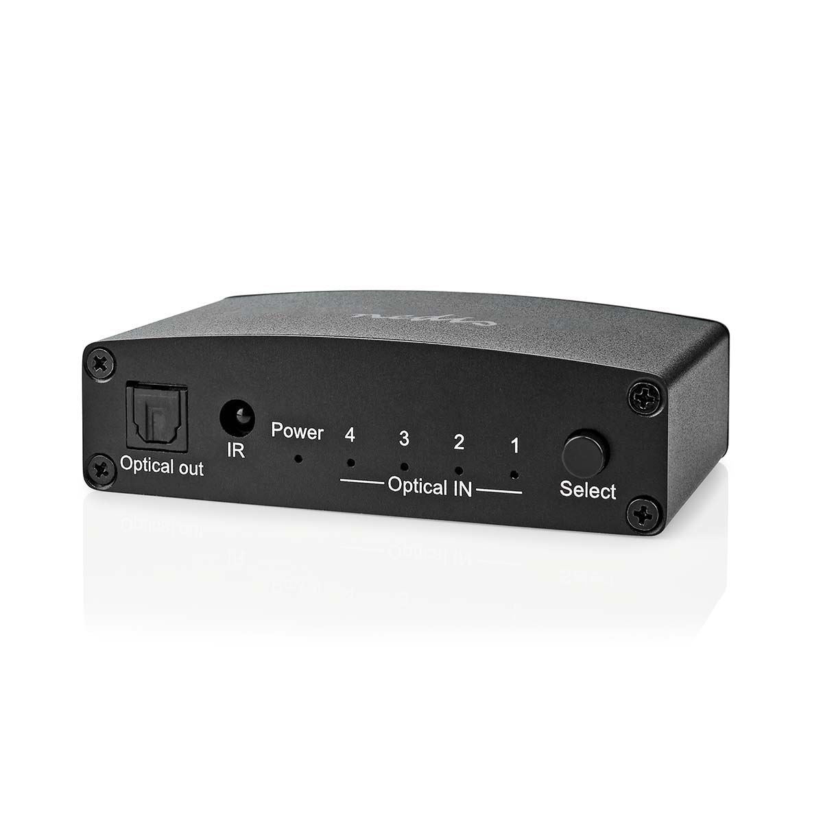 Nedis Digital Audio Switch | 4-way | Connection input: DC Power / 4x TosLink | Connection output: TosLink Female | Manual / Push Button / Remote Control | Metal | Black