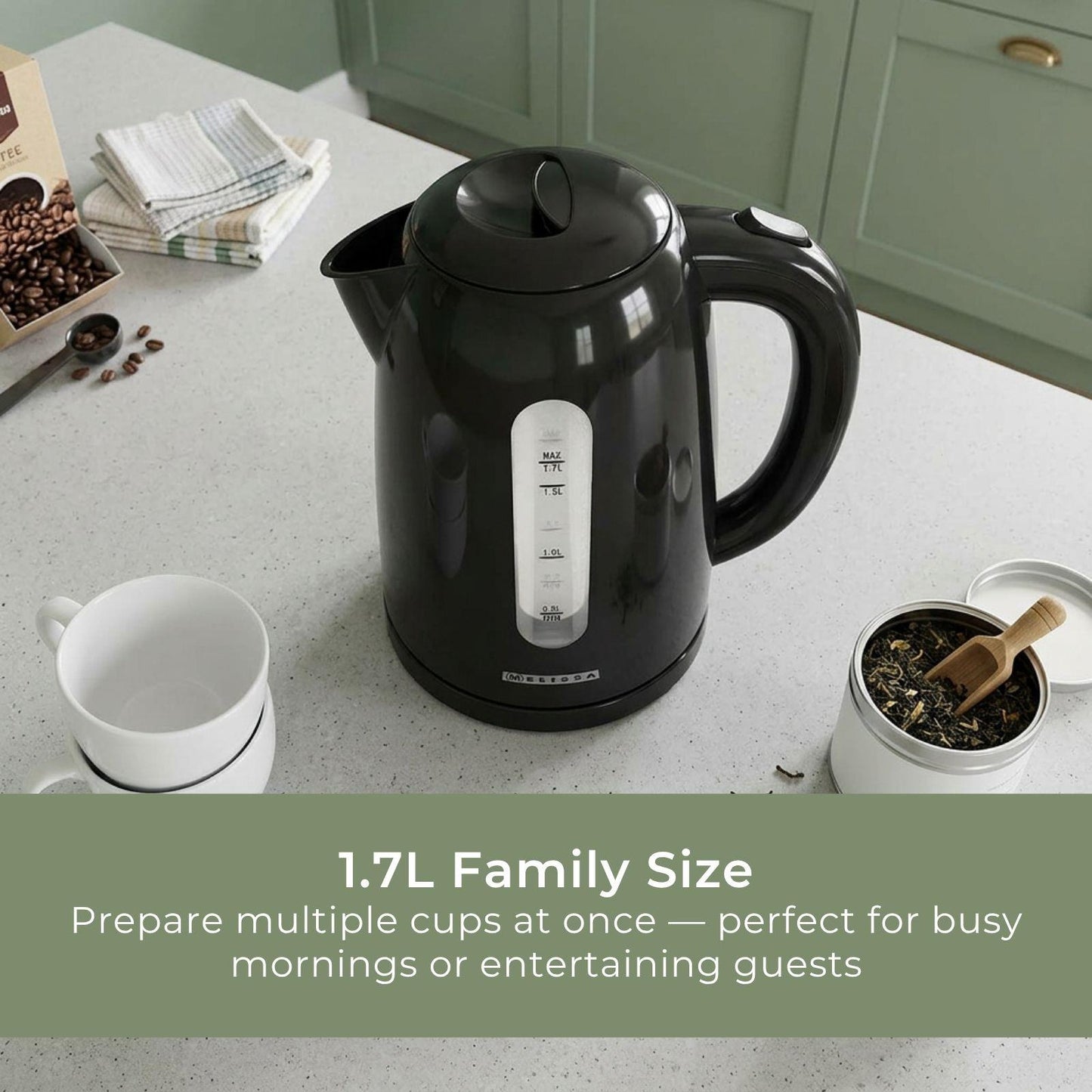 MELISSA Electric Kettle 1.7 l | Plastic | Black | Rotatable 360 degrees | Concealed heating element | Boil-dry protection