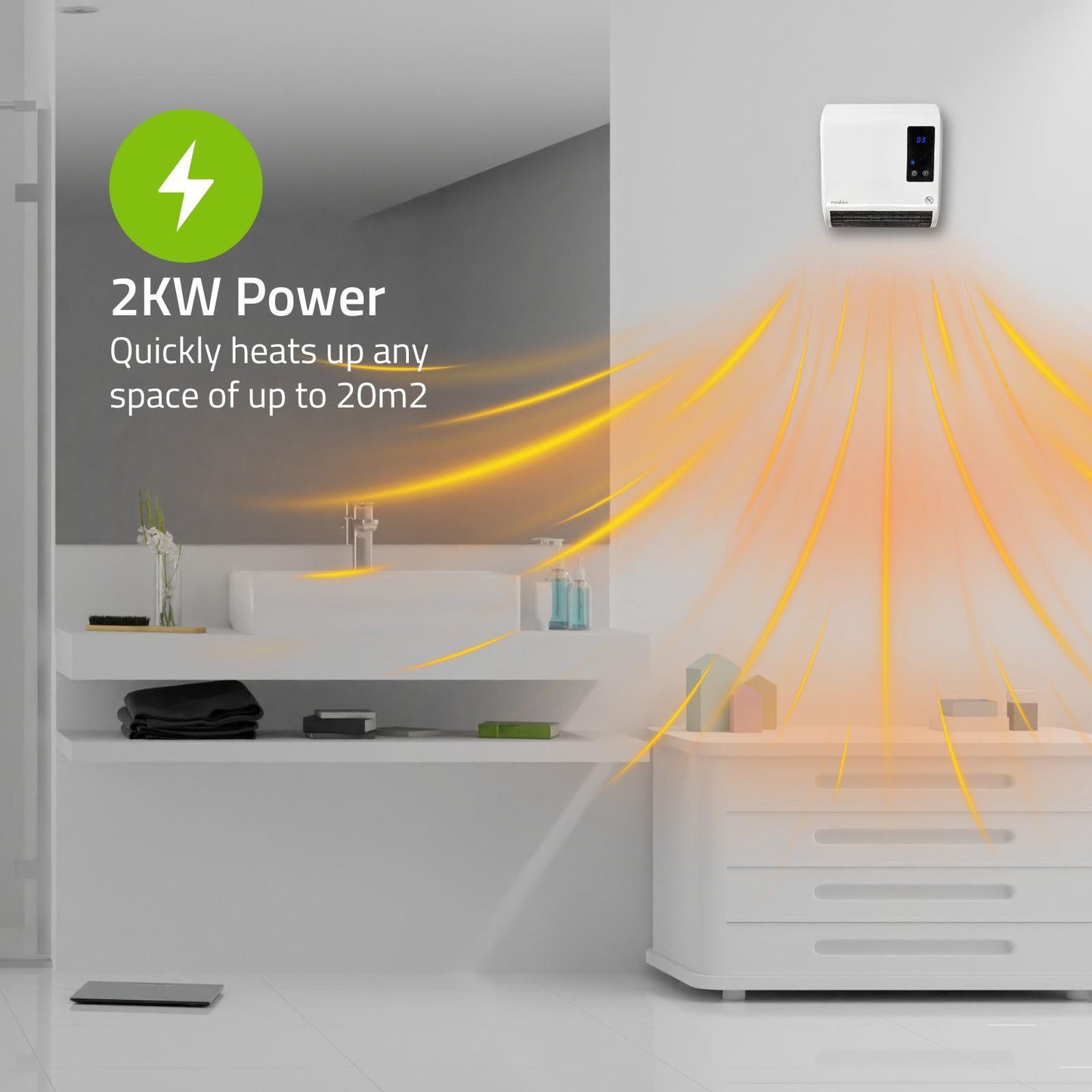 Nedis Bathroom Heater | 2000 W | Adjustable thermostat | 2 Heat Modes | IP22 | Remote control | White