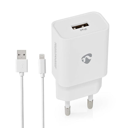 Nedis Wall Charger | 12 W | Quick charge feature | 1x 2.4 A | Number of outputs: 1 | USB-A | Lightning 8-Pin (Loose) Cable | 1.00 m | Single Voltage Output | White