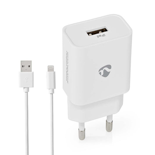 Nedis Wall Charger | 12 W | Quick charge feature | 1x 2.4 A | Number of outputs: 1 | USB-A | Lightning 8-Pin (Loose) Cable | 1.00 m | Single Voltage Output | White