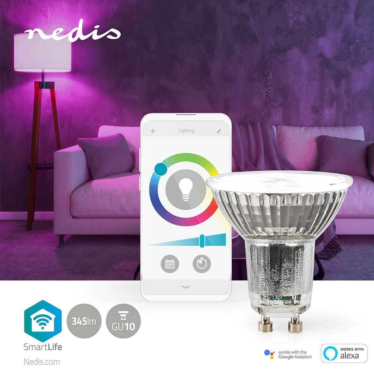 Nedis SmartLife LED Spot | Wi-Fi | GU10 | 345 lm | 5 W | RGB / Warm to Cool White | 2700 - 6500 K | Energy class: G | Android™ / IOS | PAR16 | 1 pcs