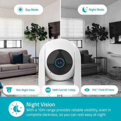 Nedis SmartLife Indoor Camera | Wi-Fi | 3MP Full HD 1296p | Pan tilt | Cloud Storage (optional) / microSD (not included) / Onvif | With motion sensor | Night vision | White