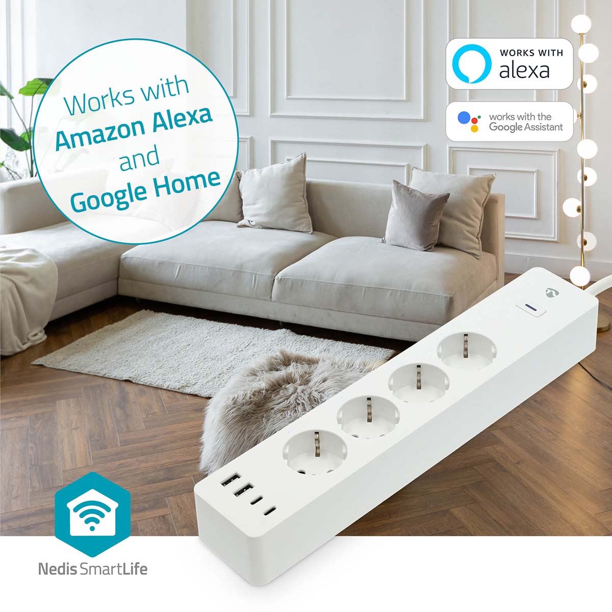 Nedis SmartLife Power Strip | Wi-Fi | 2x USB-A / 2x USB-C™ / 4x plug with earth contact (CEE 7/3) | 16 A | 3680 W | 2.00 m | 0 - 55 °C | Android™ / IOS | White