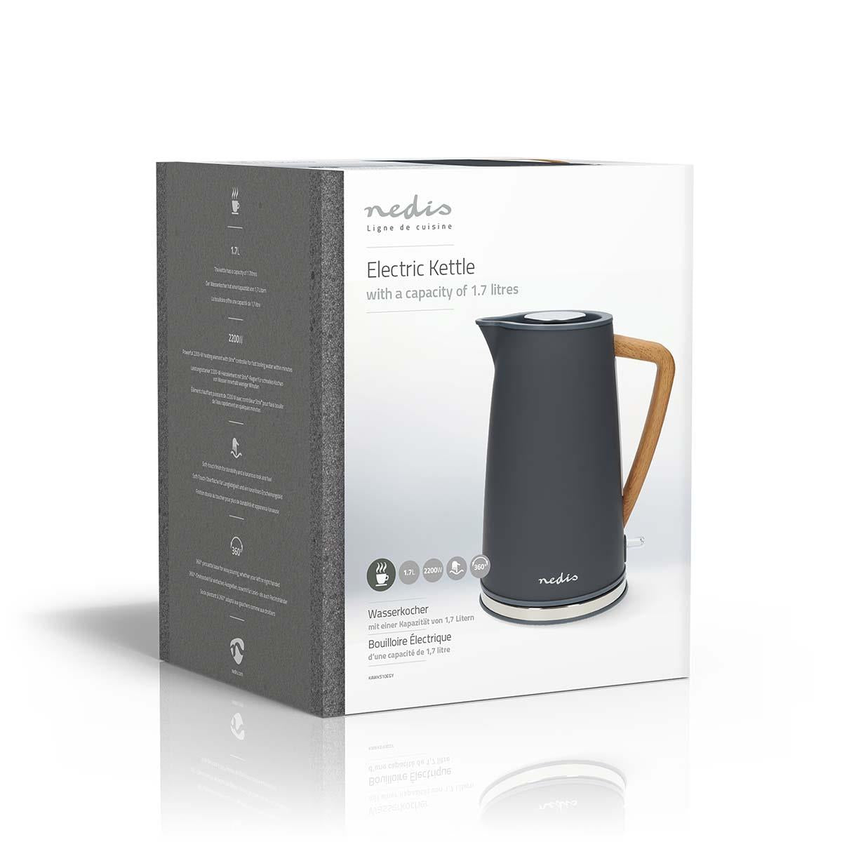 Nedis Electric Kettle | 1.7 l | Soft-Touch | Grey | Rotatable 360 degrees | Concealed heating element | Strix® controller | Boil-dry protection