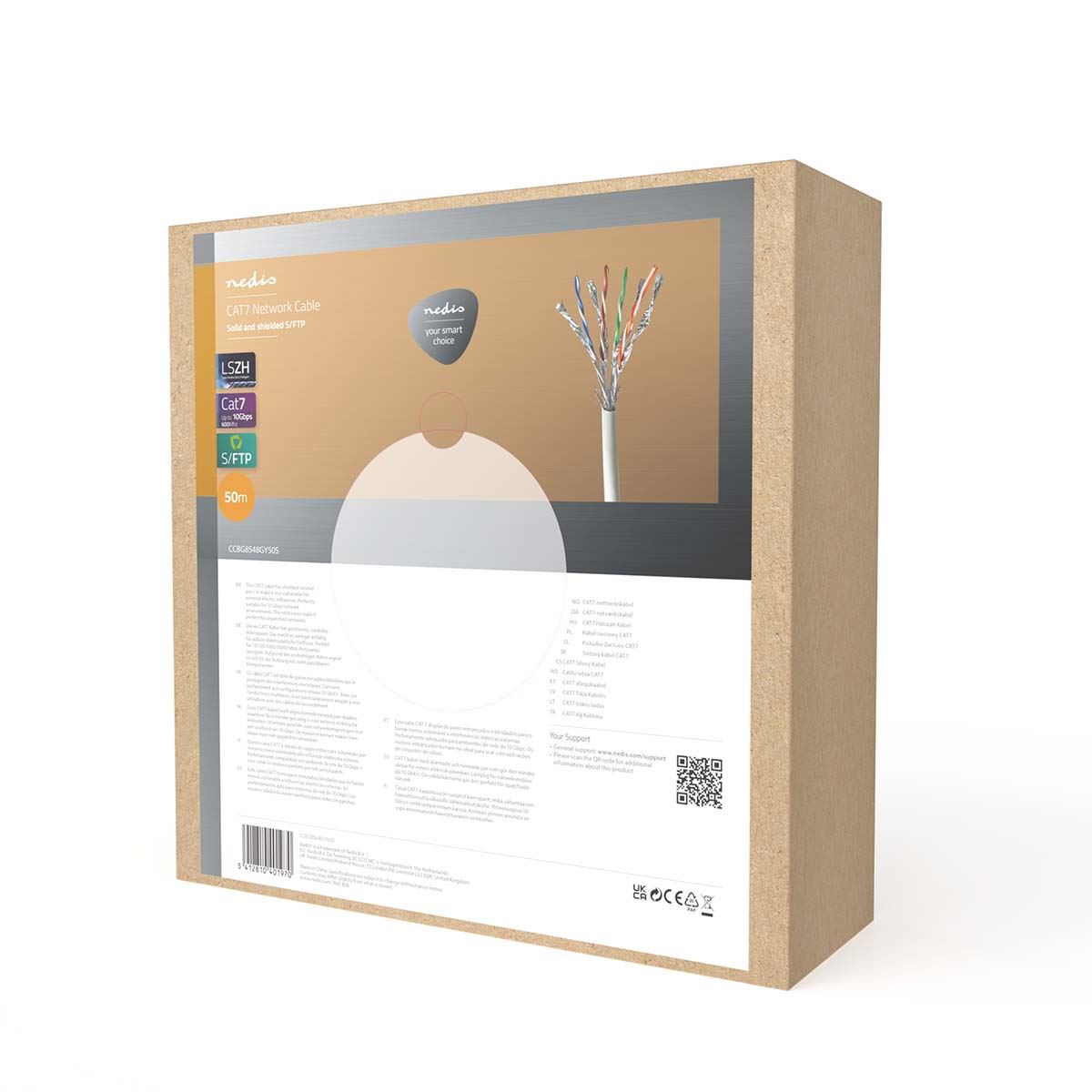 Nedis CCBG8548GY50S | Network Cable Roll | CAT7 | Solid | S/FTP | Bare Copper | 50.0 m | Indoor | Round | LSZH | Grey | Pull Box
