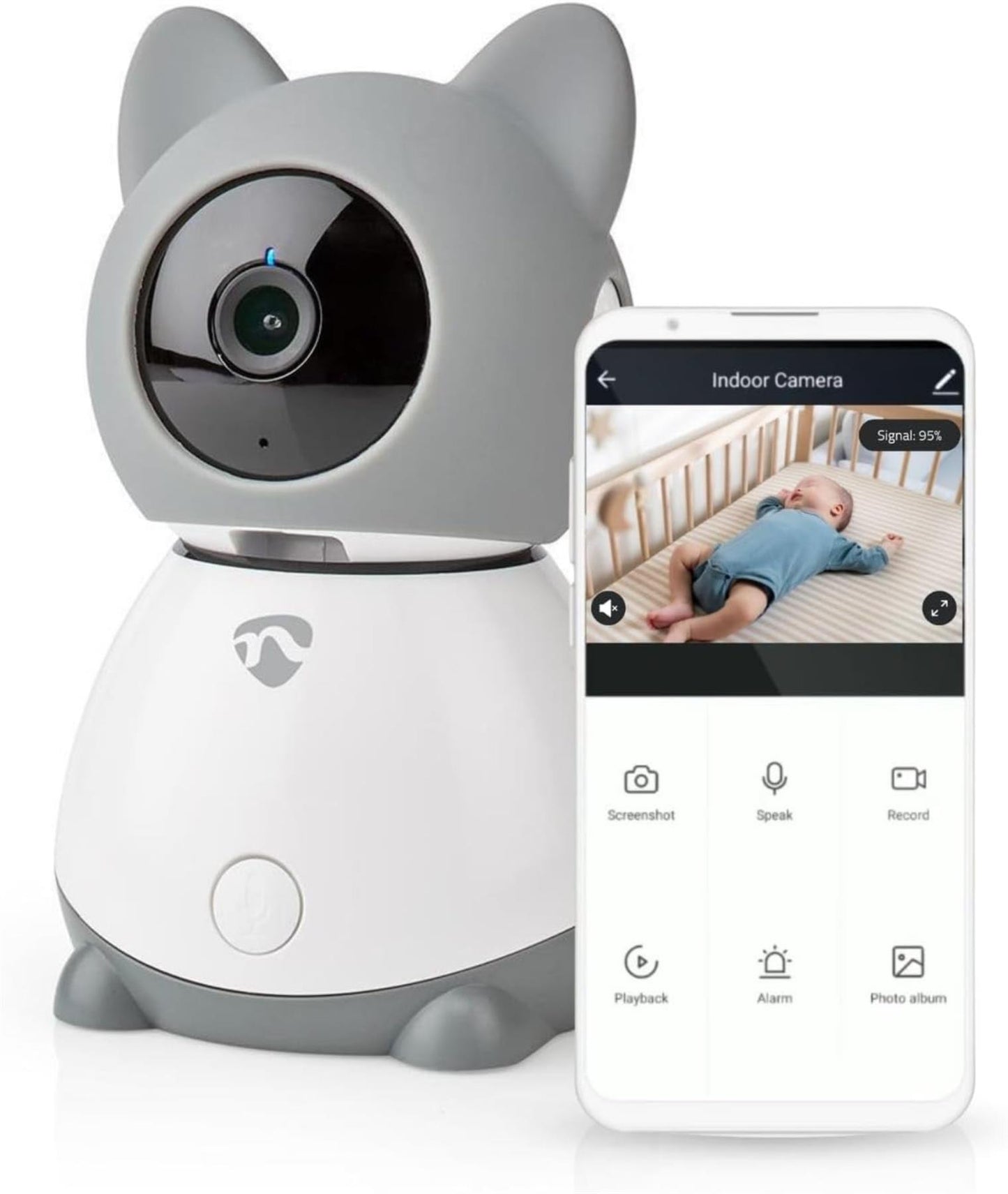 Nedis SmartLife Indoor Camera | Wi-Fi | Full HD 1080p | Pan tilt | Cloud Storage (optional) / microSD (not included) | With motion sensor | Night vision | Grey / White