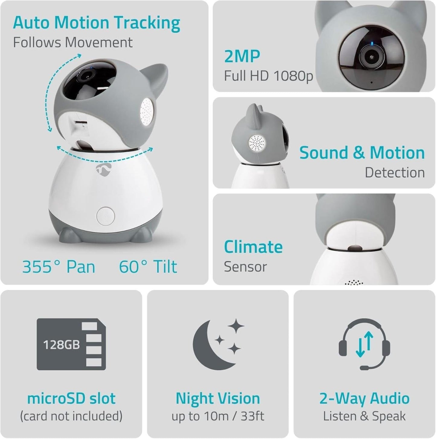 Nedis SmartLife Indoor Camera | Wi-Fi | Full HD 1080p | Pan tilt | Cloud Storage (optional) / microSD (not included) | With motion sensor | Night vision | Grey / White