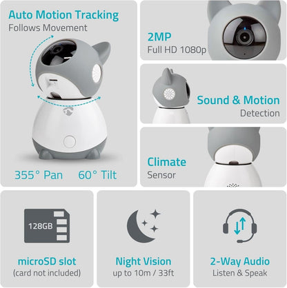 Nedis SmartLife Indoor Camera | Wi-Fi | Full HD 1080p | Pan tilt | Cloud Storage (optional) / microSD (not included) | With motion sensor | Night vision | Grey / White