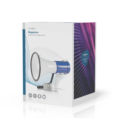 Nedis Megaphone | Maximum range: 1500 m | Maximum Volume control: 120 dB | Detachable Microphone | Built-in siren | Shoulder strap | Blue / White