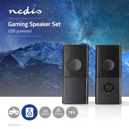 Nedis Gaming Speaker | Speaker channels: 2.0 | USB Powered | 3.5 mm Male | 18 W | Without Lighting | Volume control | Connection output: 1x 3.5 mm Audio Out