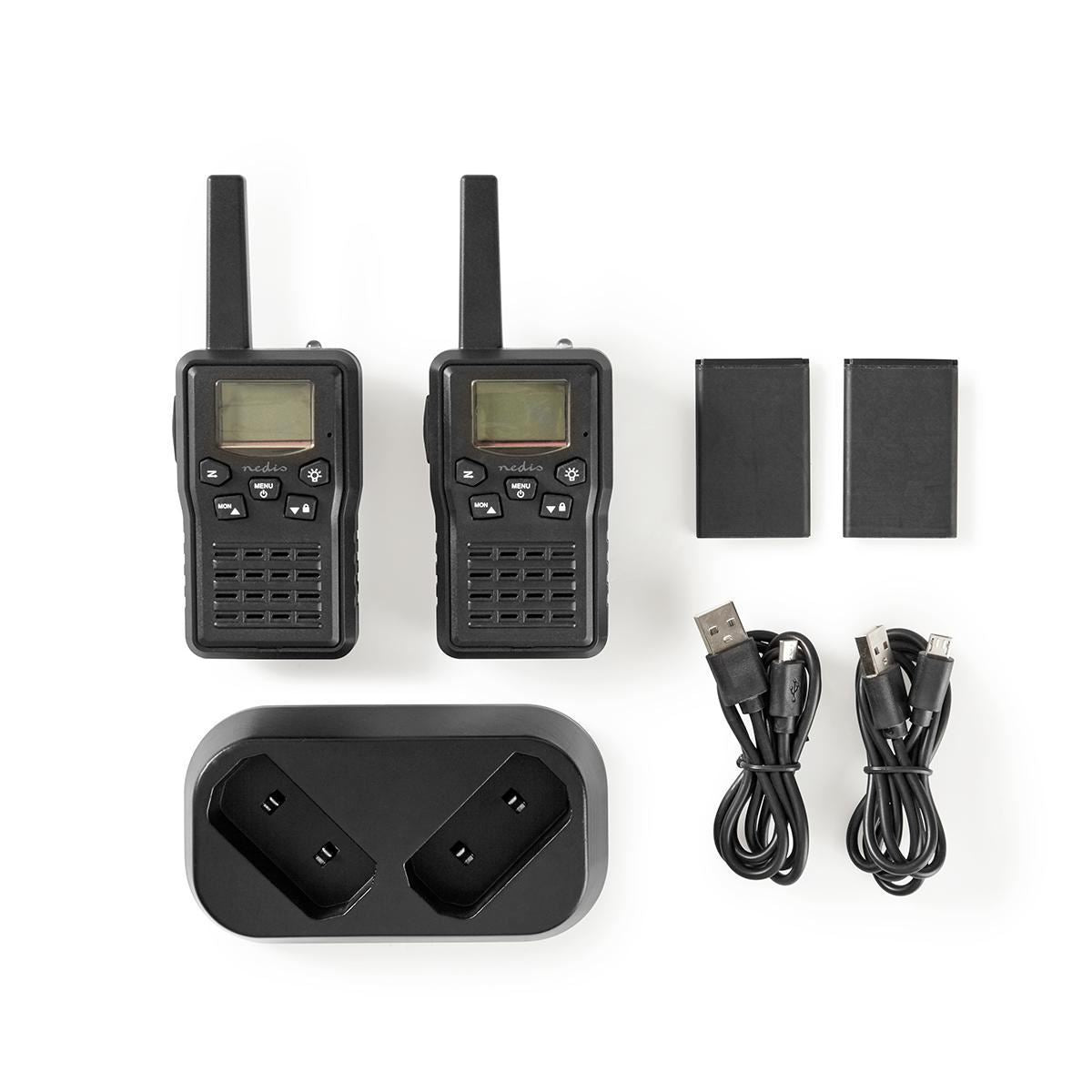 Nedis Walkie-Talkie Set | 2 Handsets | Up to 10 km | Frequency channels: 8 | PTT / VOX | up to 6 Hours | Charging base included | Headphone output | Black