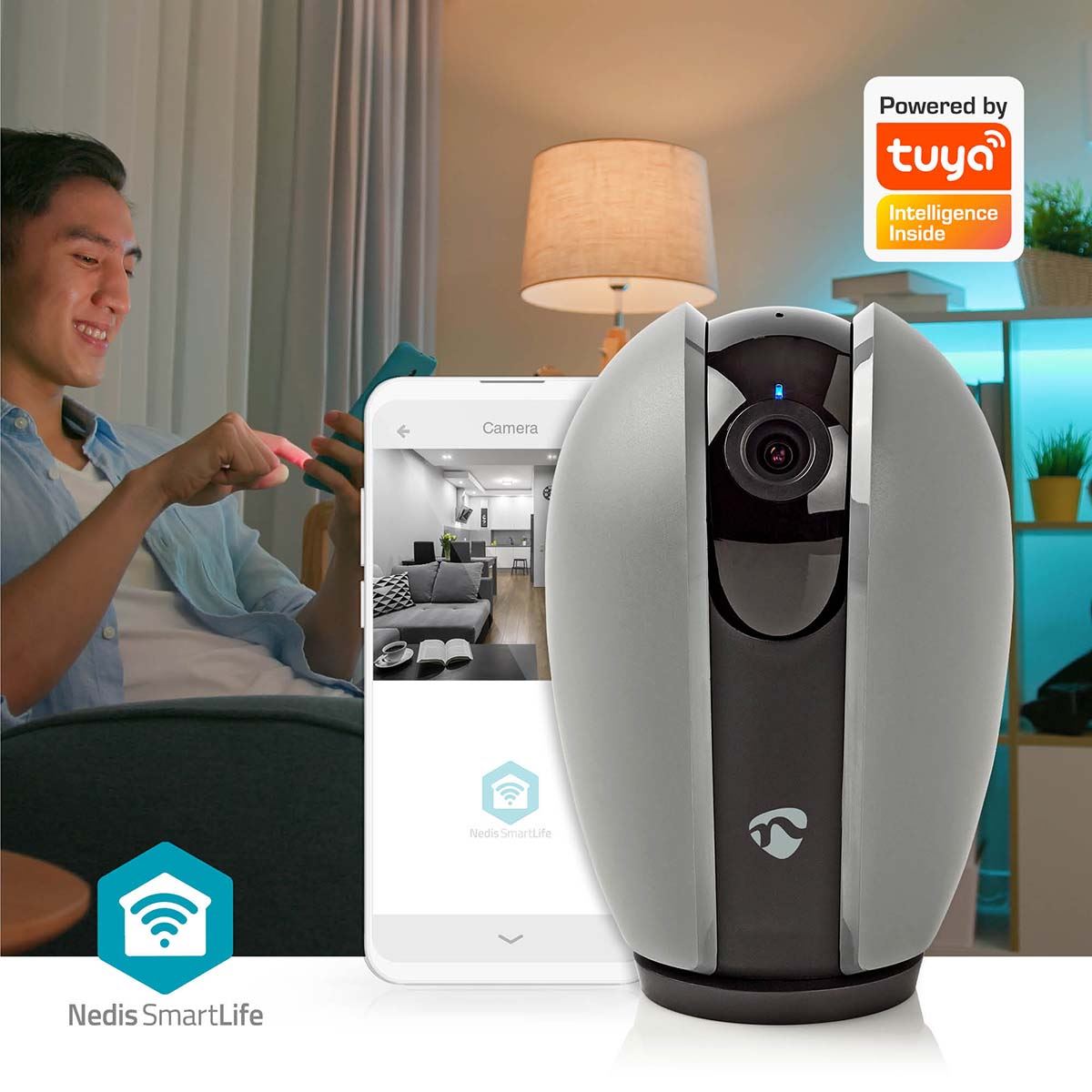 Nedis SmartLife Indoor Camera | Wi-Fi | Full HD 1080p | Pan tilt | Cloud Storage (optional) / microSD (not included) | With motion sensor | Night vision | Dark Grey / White