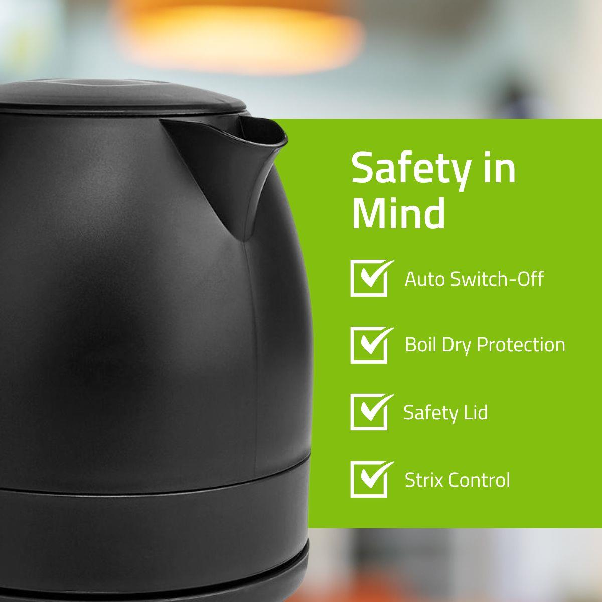 Nedis Electric Kettle | 1.0 l | Plastic | Black | Rotatable 360 degrees | Concealed heating element | Strix® controller | Boil-dry protection