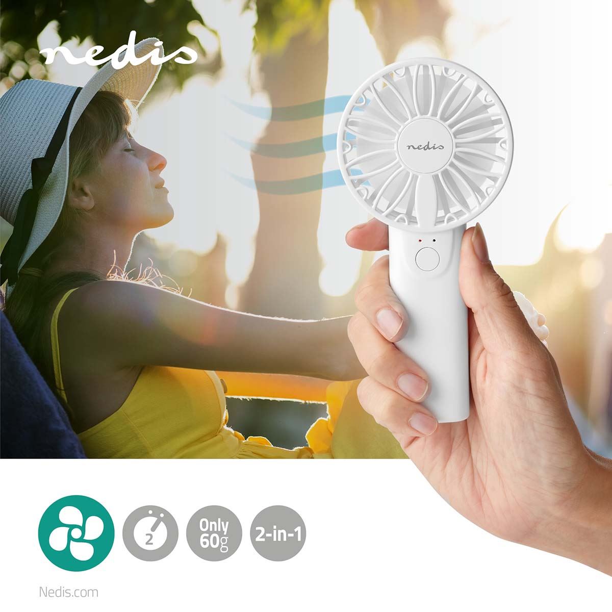 Nedis FNHH1WT | Hand / Desk Fan | Battery Powered 60 mm | 2-Speed Settings | White