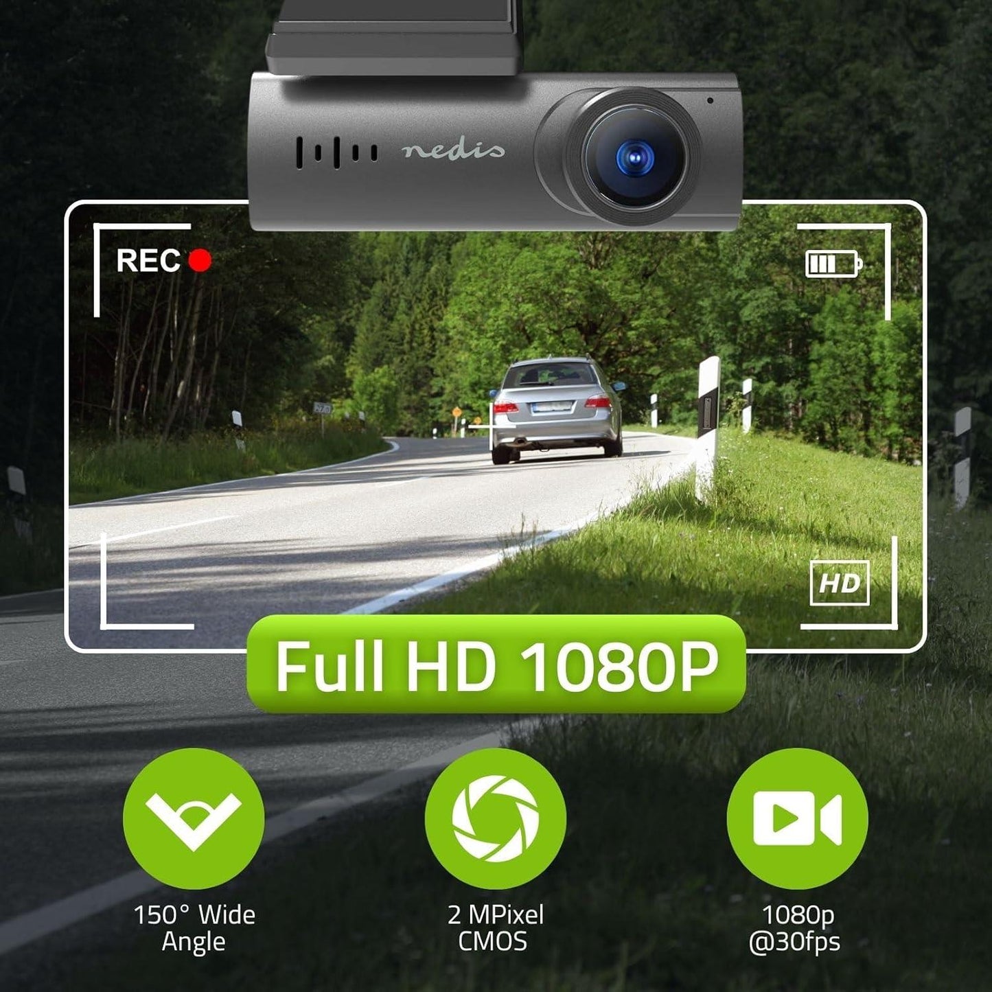 Nedis Dash Cam | 1080p@30fps | 2 MPixel | Wi-Fi | LCD | Night view | Black