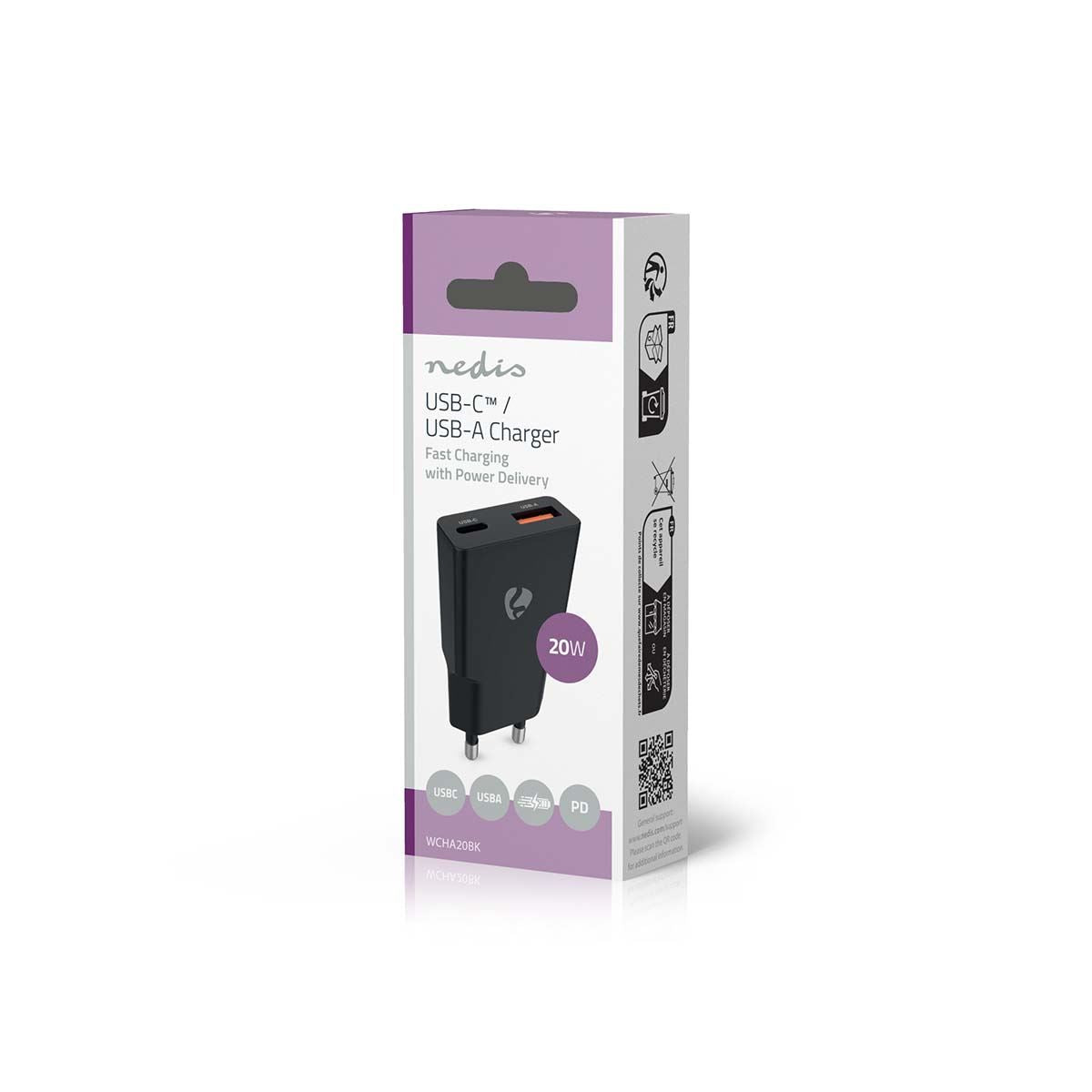 Nedis Wall Charger | 20 W | GaN | PD3.0 | Quick charge feature | 1.5 / 2.0 / 2.22 / 3.0 A | Number of outputs: 2 | USB-A / USB-C™ | Automatic Voltage Selection | Black