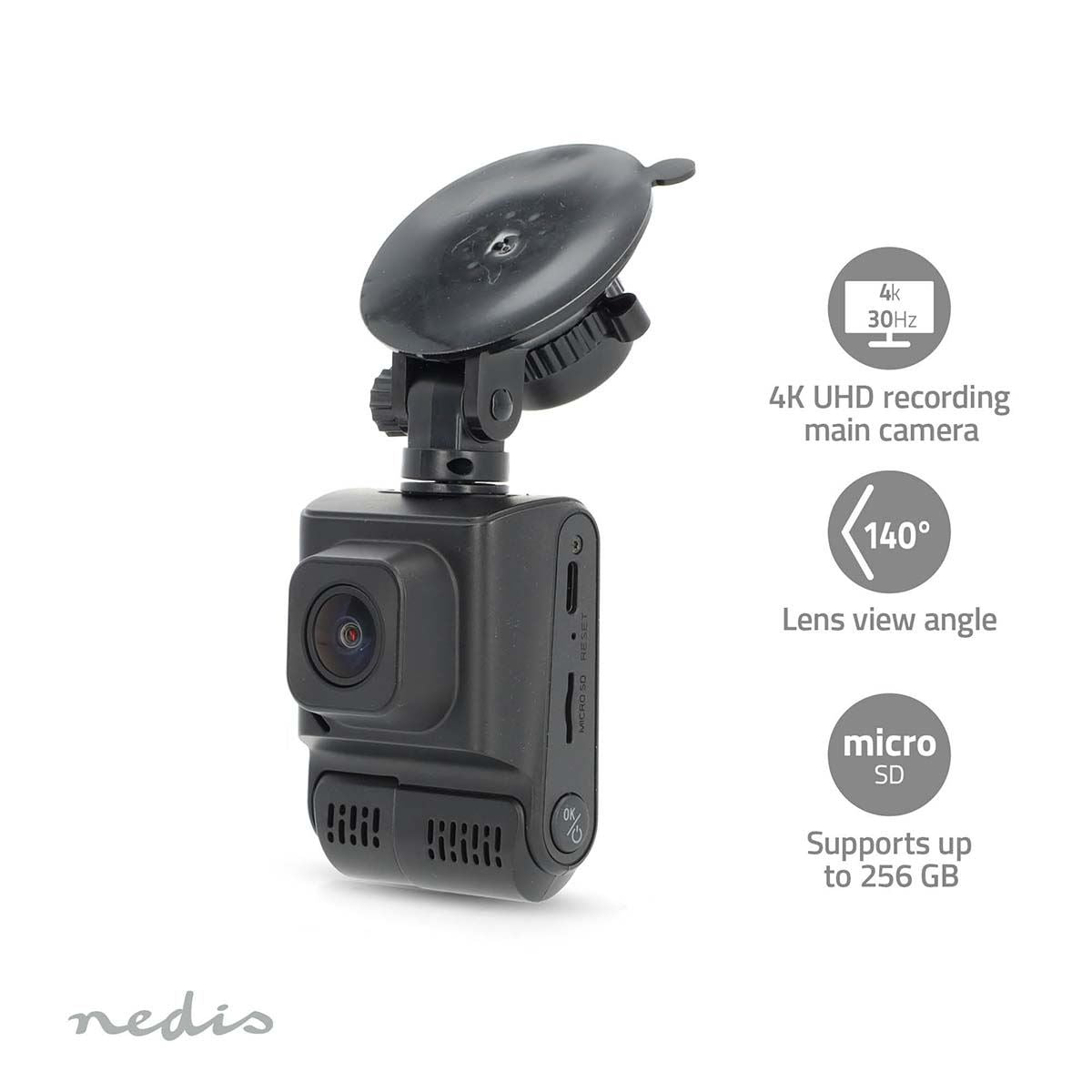 Nedis Dash Cam | 4K@30fps | 12 MPixel | 2 " | Wi-Fi | LCD | Dual camera | Cabine view camera | GPS | Parking sensor | Motion detection | Night view | Black