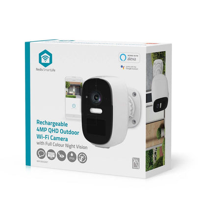 Nedis SmartLife Outdoor Camera | Wi-Fi | Spotlight | 4MP Quad HD 1440p / 2560x1440 | Pan tilt | IP66 | Max. battery life: 10 Months | Cloud Storage (optional) / microSD (not included) | 5 V DC | With motion sensor | Night vision | White