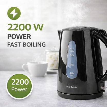 Nedis Electric Kettle | 1.7 l | Plastic | Black | Rotatable 360 degrees | Concealed heating element | Strix® controller | Boil-dry protection