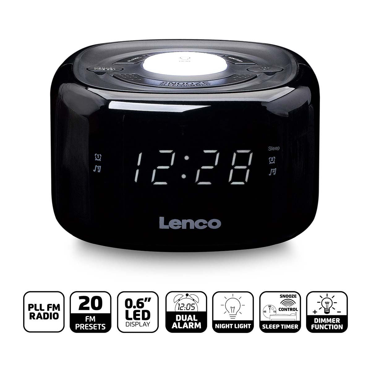 Lenco CR-12BK | FM Clock Radio | Night Light | Black