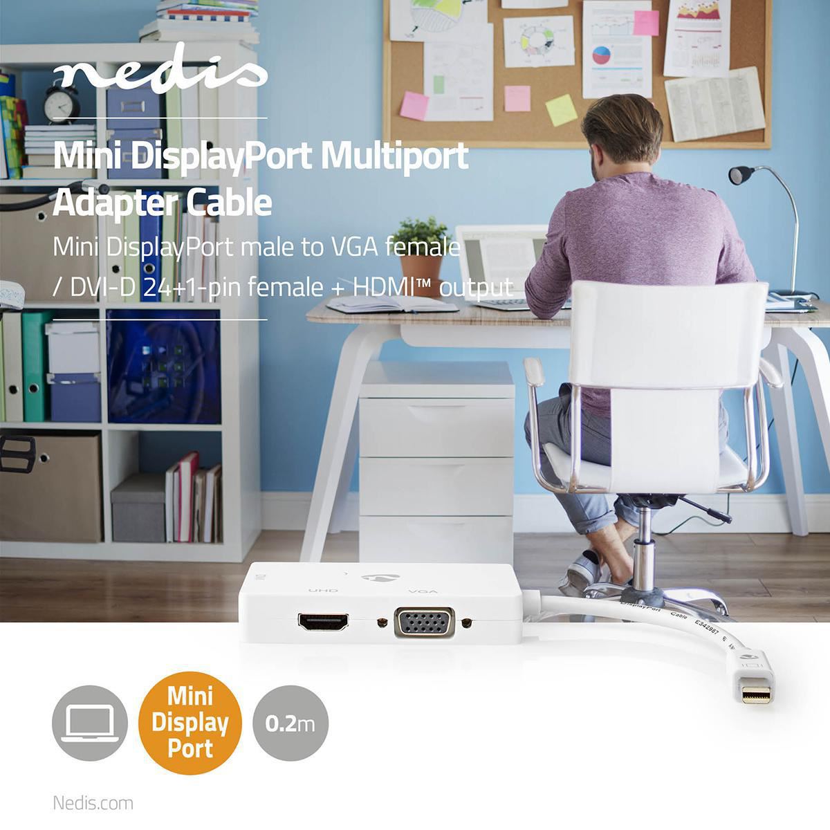 Nedis CCGB37466WT02 | DisplayPort Adapter | Mini DisplayPort Male | DVI-D 24+1-Pin Female / HDMI™ Output / VGA Female | 4K@60Hz | Nickel Plated | Switchable | 0.20 m | Round | ABS | ABS | White | Box