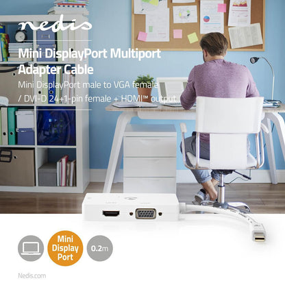 Nedis CCGB37466WT02 | DisplayPort Adapter | Mini DisplayPort Male | DVI-D 24+1-Pin Female / HDMI™ Output / VGA Female | 4K@60Hz | Nickel Plated | Switchable | 0.20 m | Round | ABS | ABS | White | Box