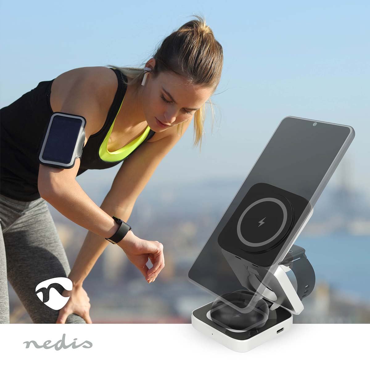 Nedis WDCHAQ15W210BK | Wireless Charger | 3-in-1 | 2.5 / 5 / 15 W | LED-indicator in use | Including cable | USB-A / USB-C™ | 1.50 m