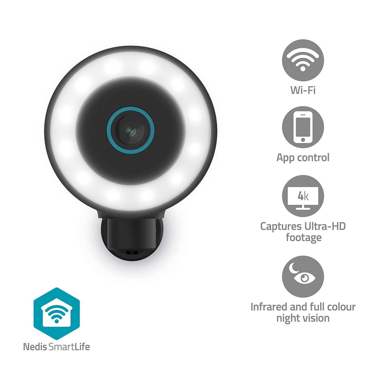 Nedis SmartLife Outdoor Camera | Wi-Fi | Spotlight | 4K / 3840x2160 | IP65 | Cloud Storage (optional) / microSD (not included) / Onvif | 5 V DC | With motion sensor | Night vision | Black