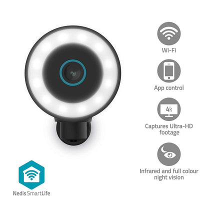 Nedis SmartLife Outdoor Camera | Wi-Fi | Spotlight | 4K / 3840x2160 | IP65 | Cloud Storage (optional) / microSD (not included) / Onvif | 5 V DC | With motion sensor | Night vision | Black