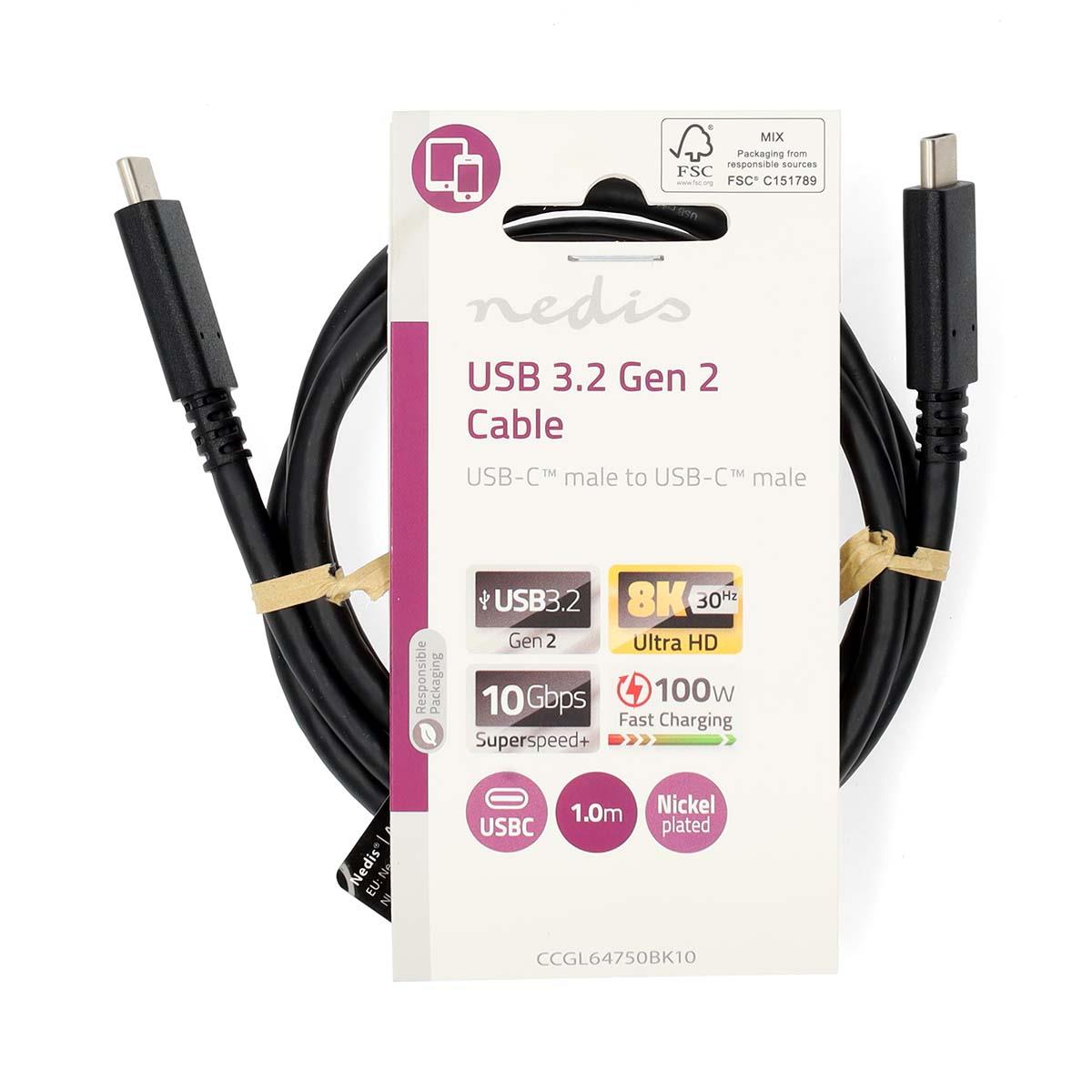 Nedis USB Cable | USB 3.2 Gen 2 | USB-C™ Male | USB-C™ Male | 240 W | 8K@30Hz | 20 Gbps | Nickel Plated | 1.00 m | Round | PVC | Black | Label