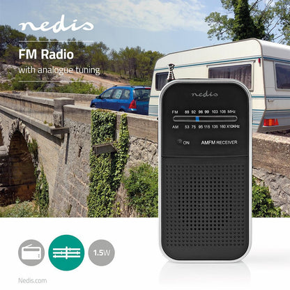 Nedis FM Radio | Portable Design | AM / FM | Battery Powered | Analogue | 1.5 W | Black White Screen | Headphone output | IP20 | Aluminium / Black
