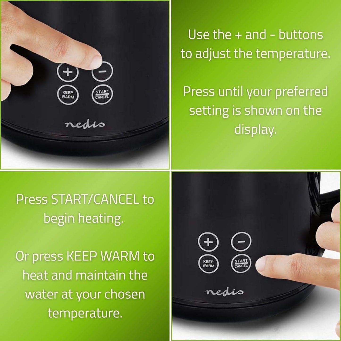 Nedis Electric Kettle | 1.7 l | Plastic | Black | 50,60,70,80,90,100 °C | Temperature indicator | Rotatable 360 degrees | Concealed heating element | Strix® controller | Boil-dry protection