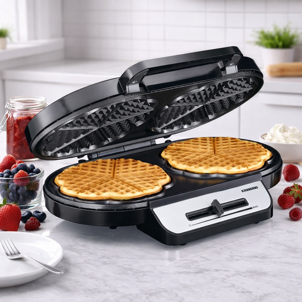 MESLISSA Waffle Maker | 2 x 5 Heart shaped waffles | 12 cm | 1200 W | Automatic temperature control | Metal / Plastic